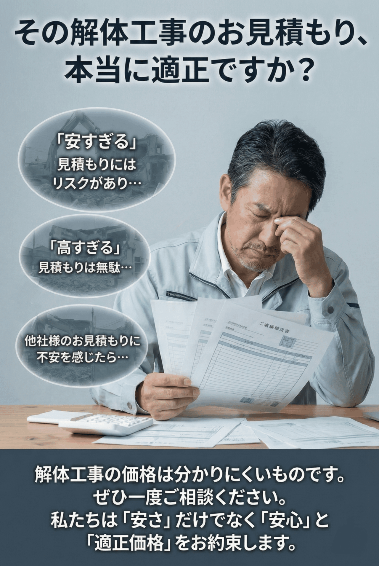 解体工事の見積書を見て悩む男性の画像