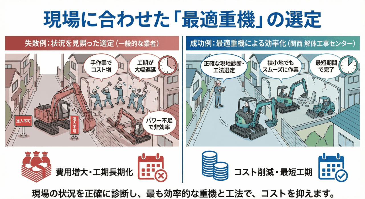関西特有の狭い道路や、住宅密集地での作業もお任せください。現場の状況を見誤ると、大きすぎる重機が入らず手作業が増えたり、逆に小さすぎて工期が伸びたりして費用が嵩みます。私たちは現地の道幅や立地を正確に診断し、最も効率よく動ける重機と工法を選定。最短期間で完了させることで、コストを抑えられることを説明した画像