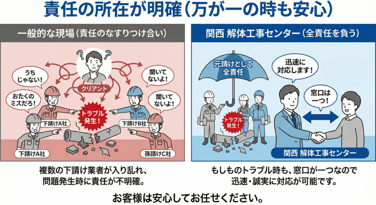 責任の所在が明確（万が一の時も安心） 複数の下請け業者が入り乱れる現場では、何か問題が起きた際に責任のなすりつけ合いが起こりがちです。私たちは「関西 解体工事センター」が元請けとして全責任を負います。もしものトラブル時も、窓口が一つなので迅速・誠実に対応が可能なことを説明した画像