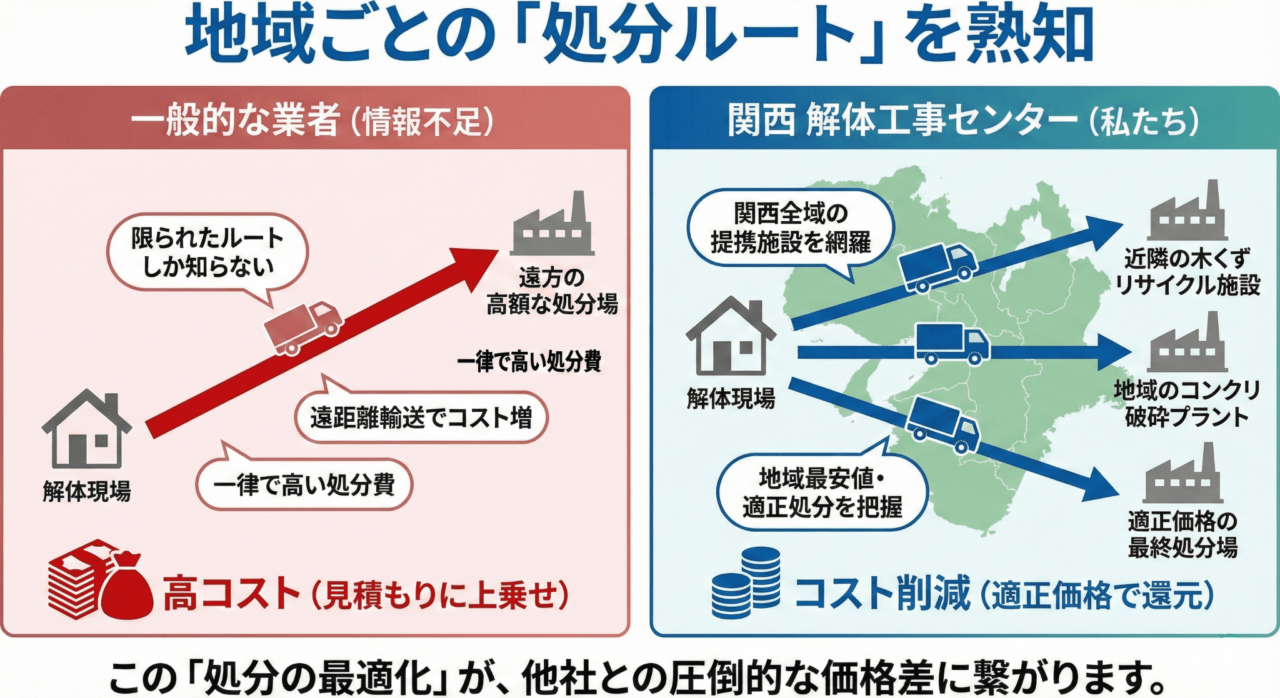 解体費用の大きな割合を占めるのが「廃材の処分費」です。私たちは関西各地域の処分場・リサイクル施設と提携し、エリアごとに「どこに運べば最も安く、適切に処分できるか」を把握しています。この処分の最適化が、他社との価格差に繋がることを説明した画像