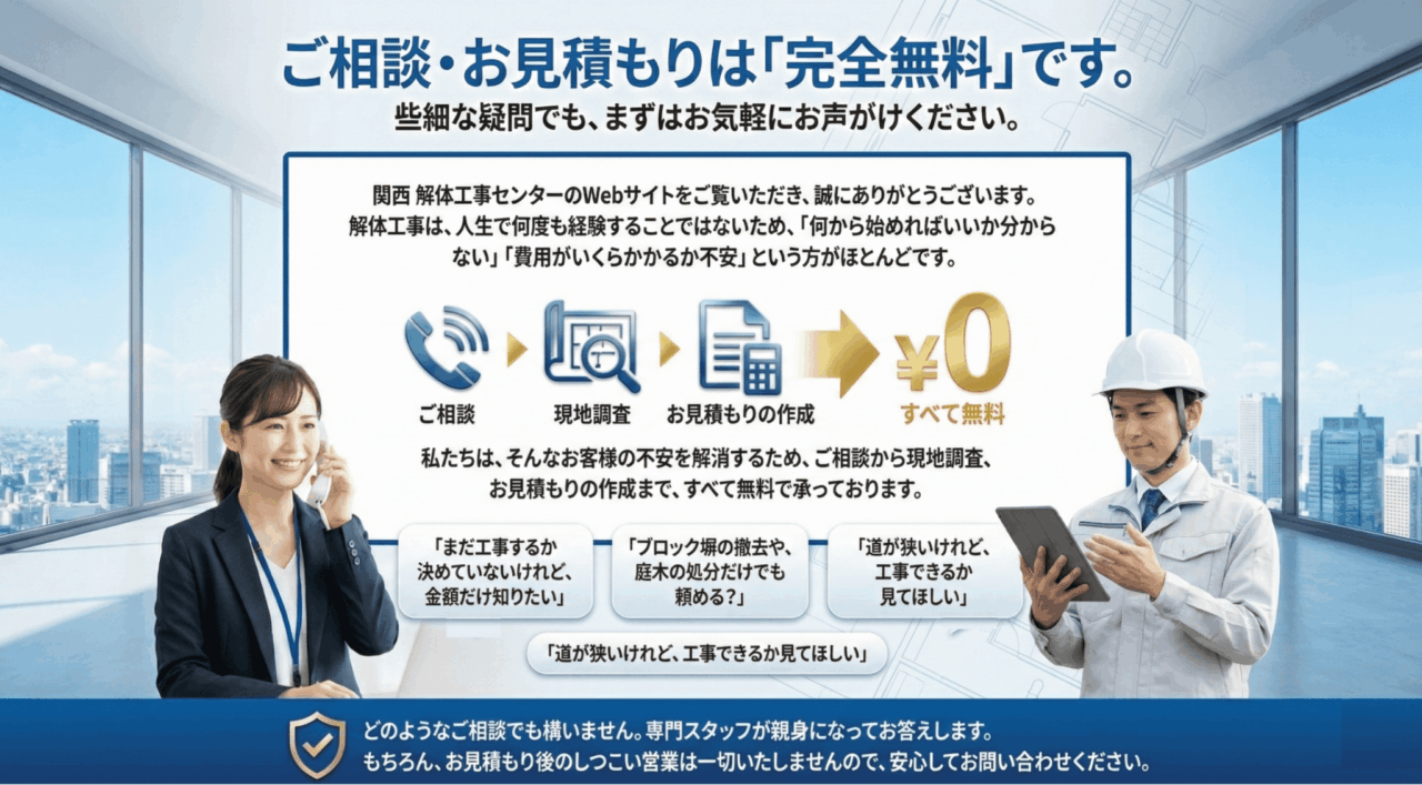 関西 解体工事センターではご相談、お見積りは無料ということを説明する画像