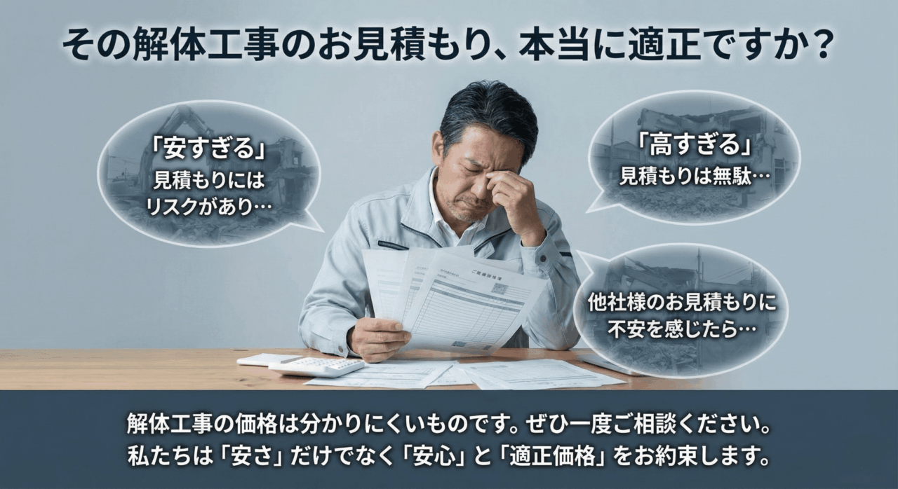 解体工事の見積書を見て悩む男性の画像