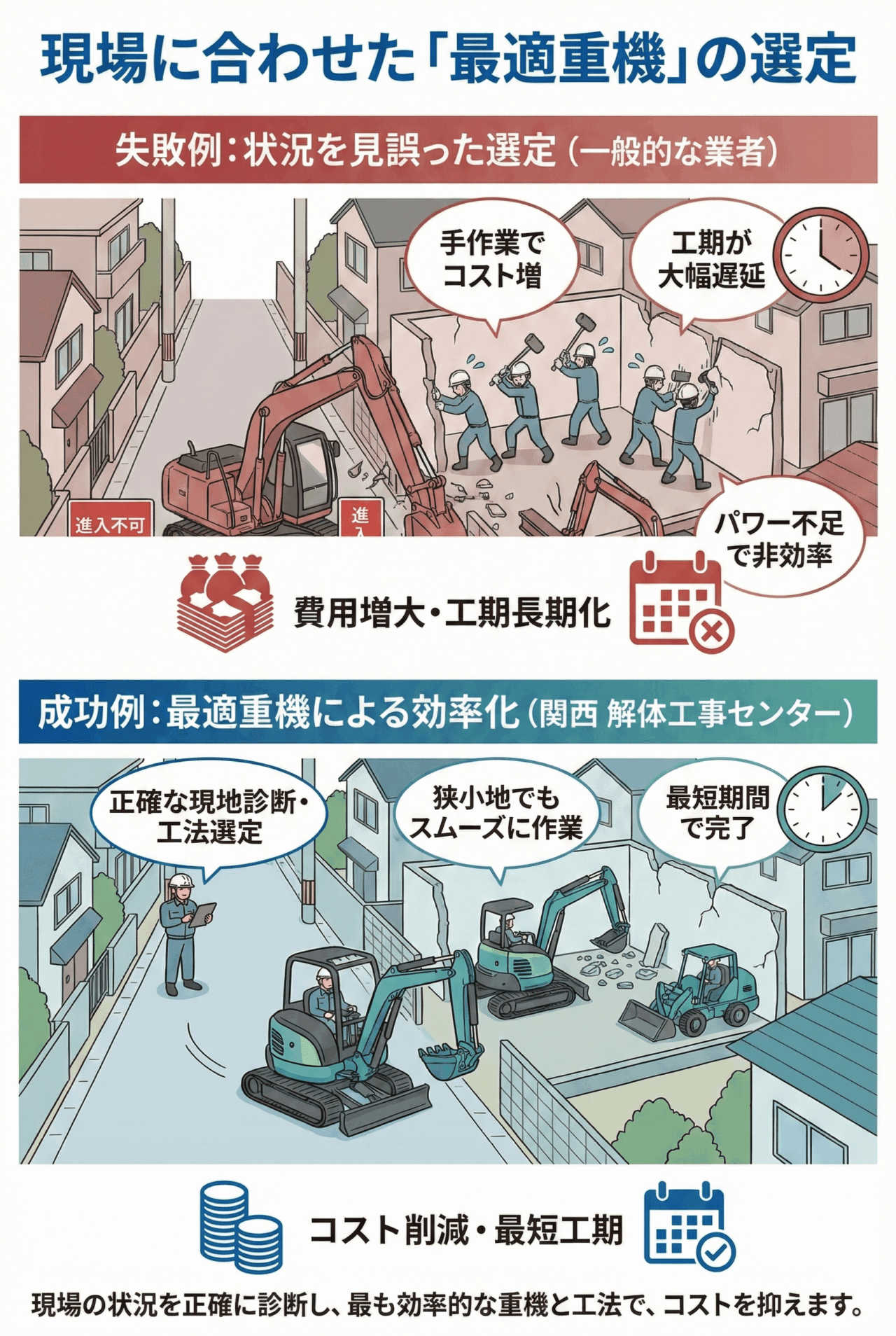 関西特有の狭い道路や、住宅密集地での作業もお任せください。現場の状況を見誤ると、大きすぎる重機が入らず手作業が増えたり、逆に小さすぎて工期が伸びたりして費用が嵩みます。私たちは現地の道幅や立地を正確に診断し、最も効率よく動ける重機と工法を選定。最短期間で完了させることで、コストを抑えられることを説明した画像
